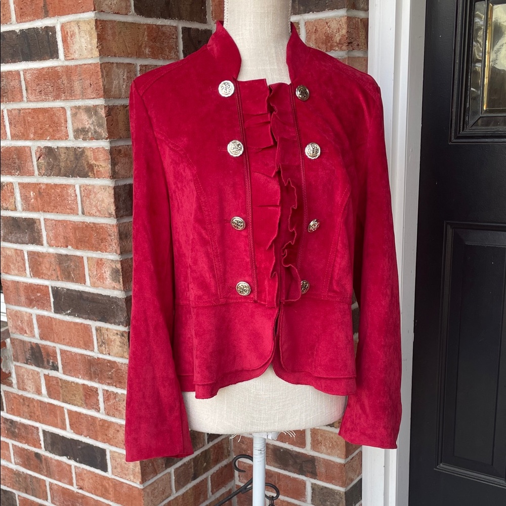 Kate & Rosy Cranberry Red Ruffle Button Faux Suede‎ Blazer